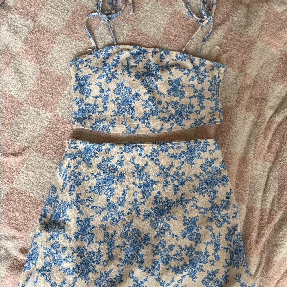 Floral Blue and Cream Two-Piece Set